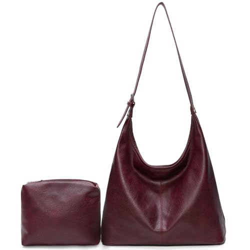 Hobo Bag for Women, Vegan Leather Slouchy Shoulder Tote with Matching Pouch
