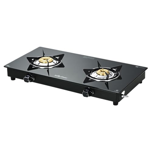 Image of Surya Flame Maestro 2-Burner Gas Stove, Toughened Glass Top, 2 Tri-Pin Brass Burners, Manual Ignition, 69%+ Efficiency, ISI Certified