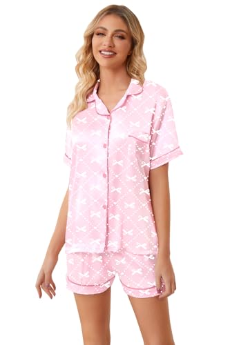 Image of Umeyda Women & Girls Pajamas Set, Soft Satin Lightweight Silk Button-Down Top with Shorts 2 Piece PJS for Mom Boys Kids Gifts