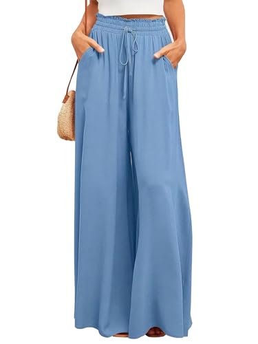 Ulovmi Women's Wide Leg Palazzo Pants High Waisted Flowy Lounge Trousers with Pockets Blue XL