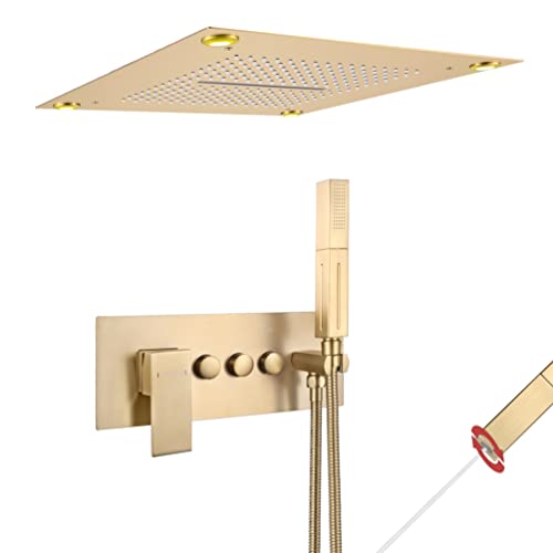 Vanfoxle Shower Faucet Set Brushed Gold Shower System,Push Button Diverter Shower Faucet With 2 In 1 Handheld,Ceiling Mount 16 Inch Shower Head(Rough-In Valve Body And Trim) #TOP18