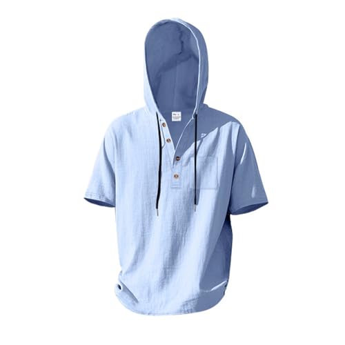 Mens Linen Hooded Shirts Summer Loose Fit Breathable Lightweight Casual Tshirt Outdoor Beach Button Short Sleeve Tops 5