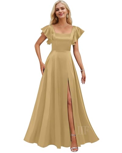 Image of IIF Short Sleeve Bridesmaid Dresses with Pockets Square Neck A-Line Satin Prom Gown Dress for Women with Slit IIF134