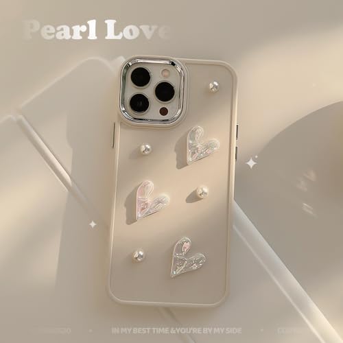 LSOUGUK Compatible with iPhone 12/12 Pro Case for Girls Women,Cute 3D Love Heart Pearl Design Protection Case Fashion Slim Soft TPU Shockproof Protective Cover for iPhone 12/12 Pro-Creamy White - Image 4