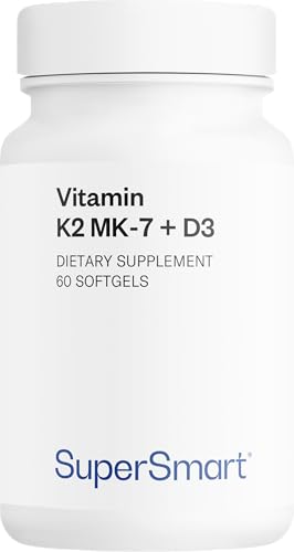 Vitamine K2 - MK-7 + Vitamin D3 (Menaquinone 7) - Augmente jusqu’à 8 fois les taux de Vitamine K - Contribue à la Santé Osseuse - Contribue à la Santé du Coeur - Végétarien - Sans Gluten - Supersmart