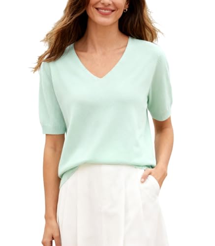 Image of SANGTREE Women's Short Sleeve Sweaters V Neck Casual Knit Pullover Tops | Perfect as a lightweight sweater for spring /summer or as a layering piece. Ideal for office, daily, holiday, home etc