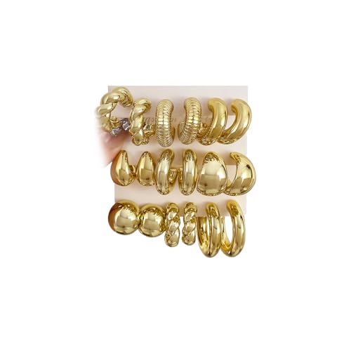 IFKM 9 Pairs Gold Hoop Earrings Set For Women Hypoallergenic Chunky Chain Twisted Open Hoops Dangle Earring Packs For Birthday Party Christmas Fashion Jewelry Gift