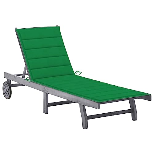 HaoChrymec Tumbona de Exterior, Hamaca Plegable con Cojín, Madera de Acacia Maciza, Respaldo Ajustable, 5 Posiciones, Ruedas para Transporte, Gris, 191 x 64 x 38 cm
