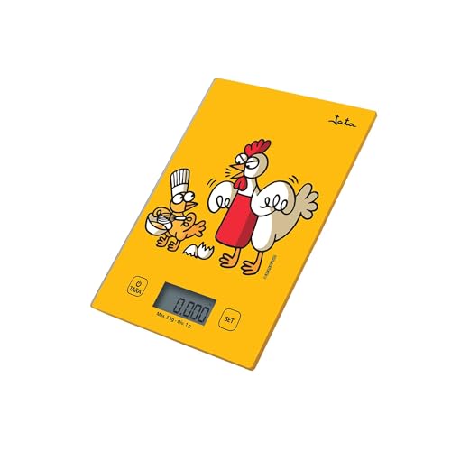 Jata 731K - Bascula Cocina Digital, Balanza Cocina Alta precisión, Peso hasta 5 kg, Pantalla LCD, Función tara, Base vidrio, Diseño Kukuxumusu, Medidas: 14 x 20 x 1,5 cm. Desconexión automática