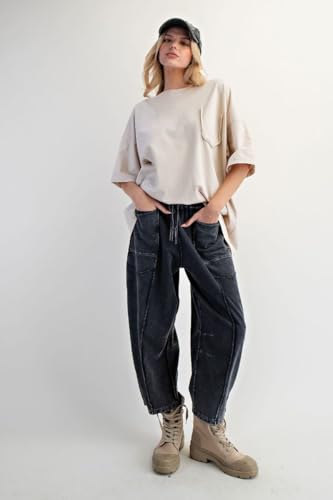 Easel Eryn Mineral Washed Terry Knit Barrel Leg Pants2