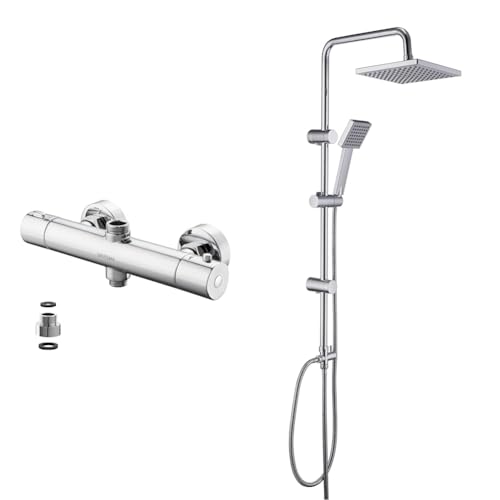 GRIFEMA G17005, Robinet Thermostatique Universal, Double Sorties, Mitigeur Colonne de Douche Chromé & JOHO Colonne de Douche Chromé Ensemble de douche en acier inoxydable avec pommeau de douche en ABS