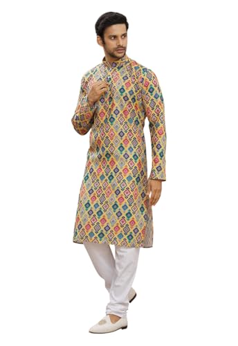 Image of LookMark Men's Cotton Blend Printed Long Kurta Suitable for All Indian Wedding, Occasions, and Festivals