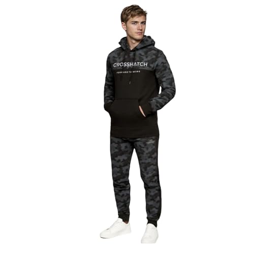 Image of Crosshatch full tracksuit Hooded Fleece Sweatshirt Hoodie Jacket Sweatpants Joggers by Jeanbase Black Camo L