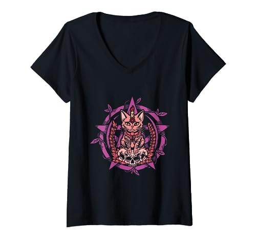 Kawaii Pastel Goth Satanic Gata Aesthetic Diablo Lindo Nu Camiseta Cuello V