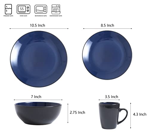 Bestone 16 Piece Round Kitchen Dinnerware Set,Plates And Bowls Sets,Dishes, Plates, Bowls, Mugs, Dish Set，Plates And Bowls,Service For 4, Stoneware Dinnerware,Blue And Black #TOP1