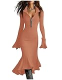 Damen Strickkleid A-Linie mit Reißverschluss, Trompetenärmel, V-Ausschnitt, Vintage, lässig, Fischschwanz-Pullover, Pullover, Tops, rose, XL