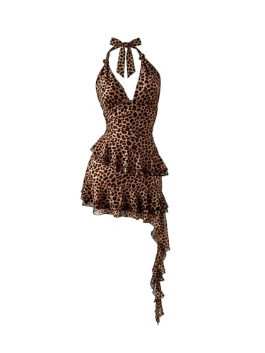 Verdusa Womens Summer Y2k Halter Mini Dress Mesh Backless Floral Ruffle Wedding Guest Dresses Leopard Small