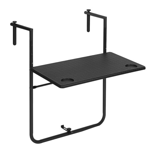 WOLTU Table de Balcon Rabattable et Suspendue, Table Exterieur Pliante avec 3 Hauteurs Réglables, en Aspect Rotin, Cadre en Métal, Noir