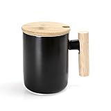 Kript Flat Bottom Ceramic Mug with Aluminum Plate, Wooden Handle and lid for USB Coffee Cup Warmer o