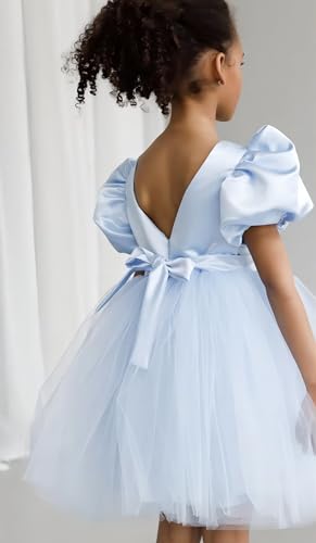 JISISANG Puff Sleeve Tulle Flower Girl Tutu Dresses for Wedding Birthday Party Satin Tulle Girl Dresses with Bow-Knot2