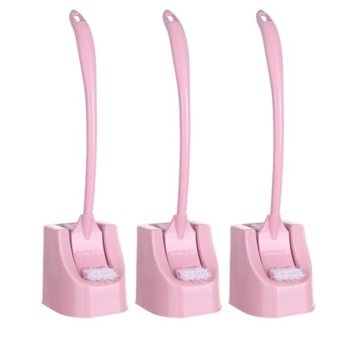 Housoutil Cepillo de Baño con Base y Mango Largo Curvado Juego de 3 Unidades Color Rosa Escobilla para Esquinas Antideslizante Ergonómico Adecuado para Limpieza Doméstica y Baños