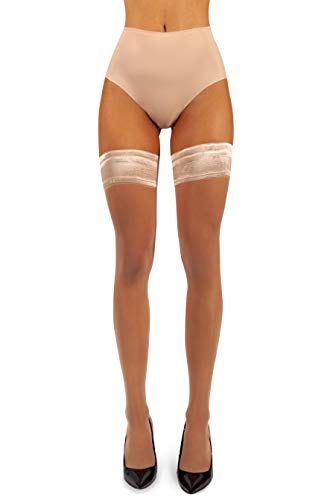 sofsy Sheer Backseam Thigh-High Stockings/Pantyhose w/Hold-Up Silicone | 20 Den [Made in Italy] - Natural with Natural Seam - 1/2 - X-Small/Small