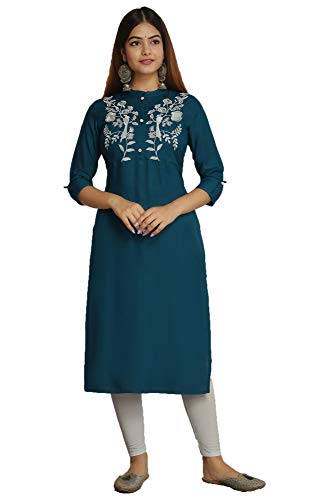 Image of NEW4U Women's Regular Fit Rayon Straight Buttoned Kurta | Designer Printed Kurti /Embroidery Kurta Round Neck Style with Buttons Ethnic Kurta
