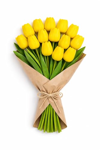 Image of Pink Olive Tulip Flowers Bunches | for Home Decor | Living Room, Corner Table, Bedroom, Wedding Party Decor, Gifting | Real Like Feel, Artificial Flower | Bunch of 05 (Yellow Tulip)