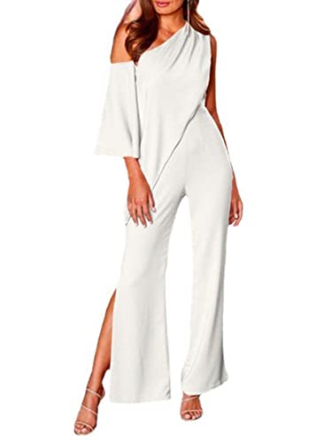 Lyaner Women's One Shoulder Short Sleeve Romper Wide Leg Split Hem Pant Jumpsuit White Large #TOP13