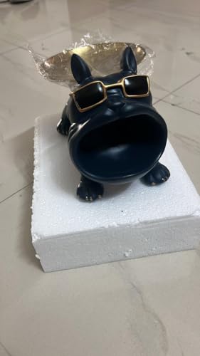 Image of Bulldog Resin Storage Tray | Decorative Dog Statue with Sunglasses | Multifunctional Remote, Key & Coin Holder for Home, Office, Entryway, or Living Room Decor (Blue)
