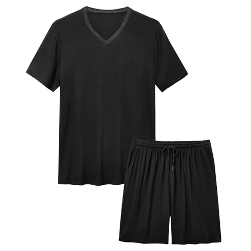 American Trends Mens Pajamas Set Sleepwear Short Sleeve Pajama Set V Neck Pjs for Men with Pocket Black L2