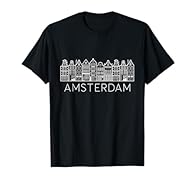 Design with the text Amsterdam and a drawing of the city with its houses Lightweight, Classic fit, Double-needle sleeve and bottom hem
