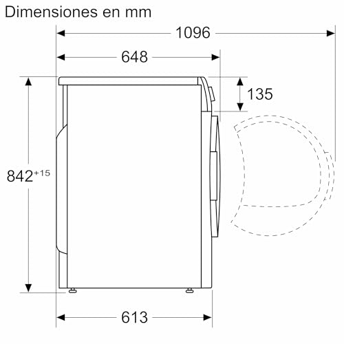 Diagrama con las dimensiones en milímetros de la secadora Bosch, incluyendo altura, ancho y profundidad