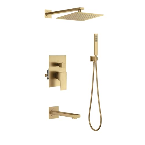 KIBI Cube Sistema de Ducha de Baño Montado en Pared con 3 Funciones, Latón Cepillado, Válvula Equilibradora de Presión, Brazo de Ducha de 15 Pulgadas, Modo de Ducha de Cascada Manual (KSF406) miniatura 1