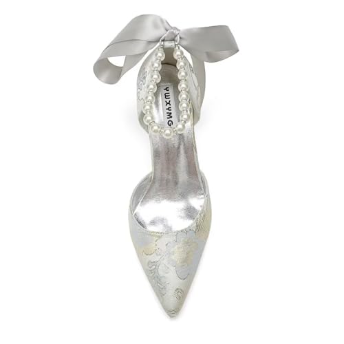 Women Floral Satin Pearl Wedding Shoes for Bride Closed Toe Bridal Heels2