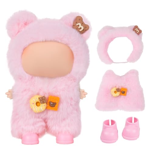 Dolls Clothes for Labubu(NO Doll) - 17cm Doll Clothes & Accessories Pink Plush Cute 3-Piece Outfit with Snap-On Romper for 6.7 Inch Clothing