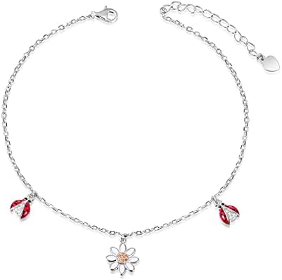 oGoodsunj 925 Sterling Silver Ladybug Daisy Leaves Necklace Earrings Rings Pendant Anklet Jewelry Set