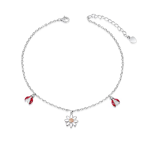 Ogoodsunj 925 Sterling Silver Ladybug Daisy Leaves Necklace Earrings Rings Pendant Anklet Jewelry Set #TOP9