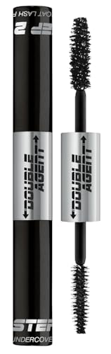 Palladio Double Agent Lash Extender Undercover Fiber Booster Mascara, dual lash system, increase eyelash length and volume, boost lashes for a bold dramatic look, voluminous makeup mascara, Jet Black