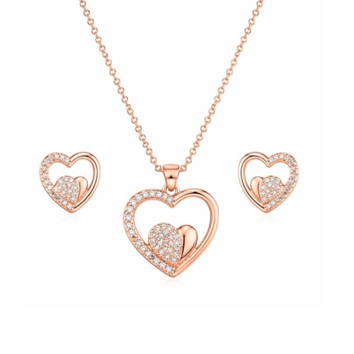 Image of Nilu's Collection American Diamond Rose Gold & Silver Plated Love Shaped Pendant Necklace Set with Chain & Stud Earring for Girls and Women