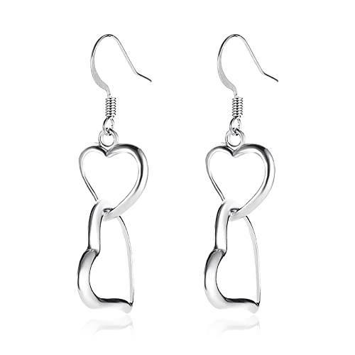 Minimalist Double Hearts Drop Dangle Earrings Love Heart Dangling Hook Hoops Studs Sterling Silver Plated Hypoallergenic Earrings Fashion Birthday Jewelry Gifts for Women