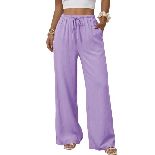 Image of Duyang Womens Cotton Linen Palazzo Pants Drawstring Elastic Waist Casual Wide Leg Trousers with Pockets