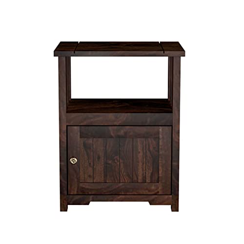 Image of Sheesham Wood Bedside End Table for Bedroom | Solid Wood Sofa Side Table Nightstand with 1 Door Cabinet & 1 Shelf Storage for Home & Living Room | Rosewood, Walnut Natural