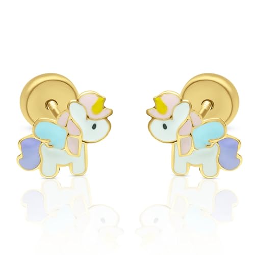 Five Star Jewelers 14k Solid Gold Stud Earrings for Girls - Hypoallergenic Kids Jewelry with Secure Screw Back - Adorable Vibrant Enamel Design - Little Girl Earrings - Gift Ready Box
