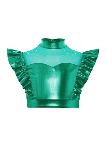 YiZYiF Kids Girls Sparkle Metallic Dance Crop Top Sleeveless Ruffled Fly Sleeves Mesh Patchwork Cropped Vest3
