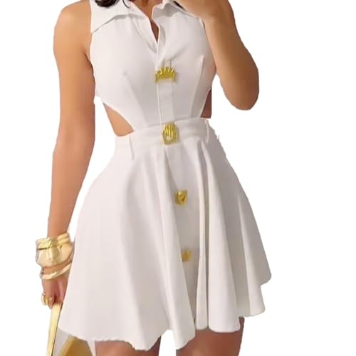 Ladies V-Neck Sleeveless Mini Dress with Metal Button Down, Sexy Hollow Out Waist A-Line Beach Dress for Summer