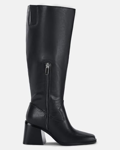 Coutgo Women's Knee High Boots Wide Calf Square Toe Chunky Heeled Pull-on Boot 5