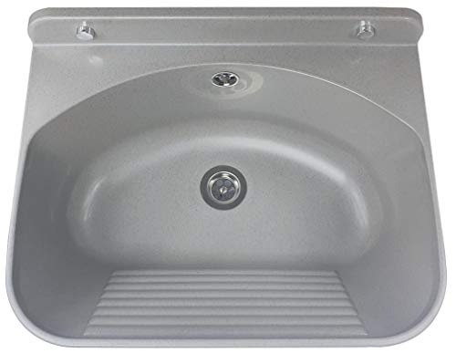 GOSPO Lavabo en fonte avec siphon 46 x 36 x 20 cm pour salle de bain, garage, cave, buanderie, atelier, lavabo, montage mural, plaque, évier, évier avec accessoires, gris Cover