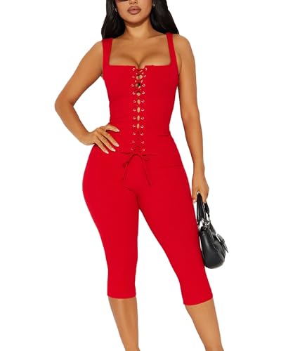 Image of 2 Piece Sets for Women Sexy Ribbed Crop Tops High Waist Bodycon Capri Pants Womens Summer Outfits Clubwear