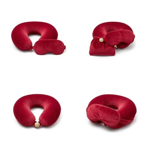 Image of Travel Neck Pillow for Adults, Fiber Filled U-Shaped Neck Support Pillow with Button Closure, Soft Plush Neck Cushion for Airplane, Car, Office & Travel (red)